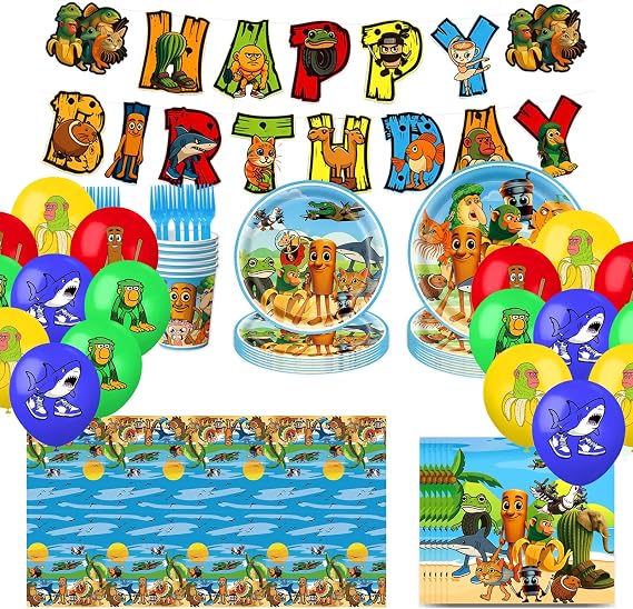 Italian Brainrot Birthday Decorations Set with Happy Birthday Tralalero Banner, Brain Rot Balloons, Plates, Napkins,Paper cups, Tablecloth, Forks for Kids Party