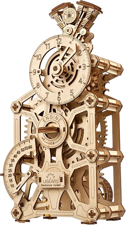 UGEARS Engine Clock, 3D Puzzle, 11.8-inch Height, Mechanical Clock Kit with Moving Pistons, Steam Engine Kits, Clocks Kits for Do It Yourself, Brain Teaser 3D Puzzle