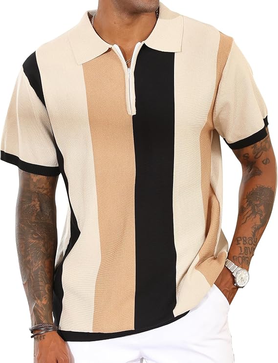 CTU Mens Casual Polo Shirts Vintage Striped Knit Golf Shirts Slim Fit Tops