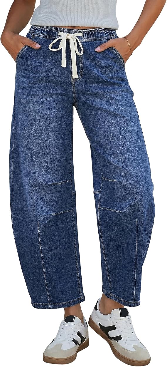 GRAPENT Barrel Jeans Women High Rise Pull On Elastic Waist Crop Denim Pants