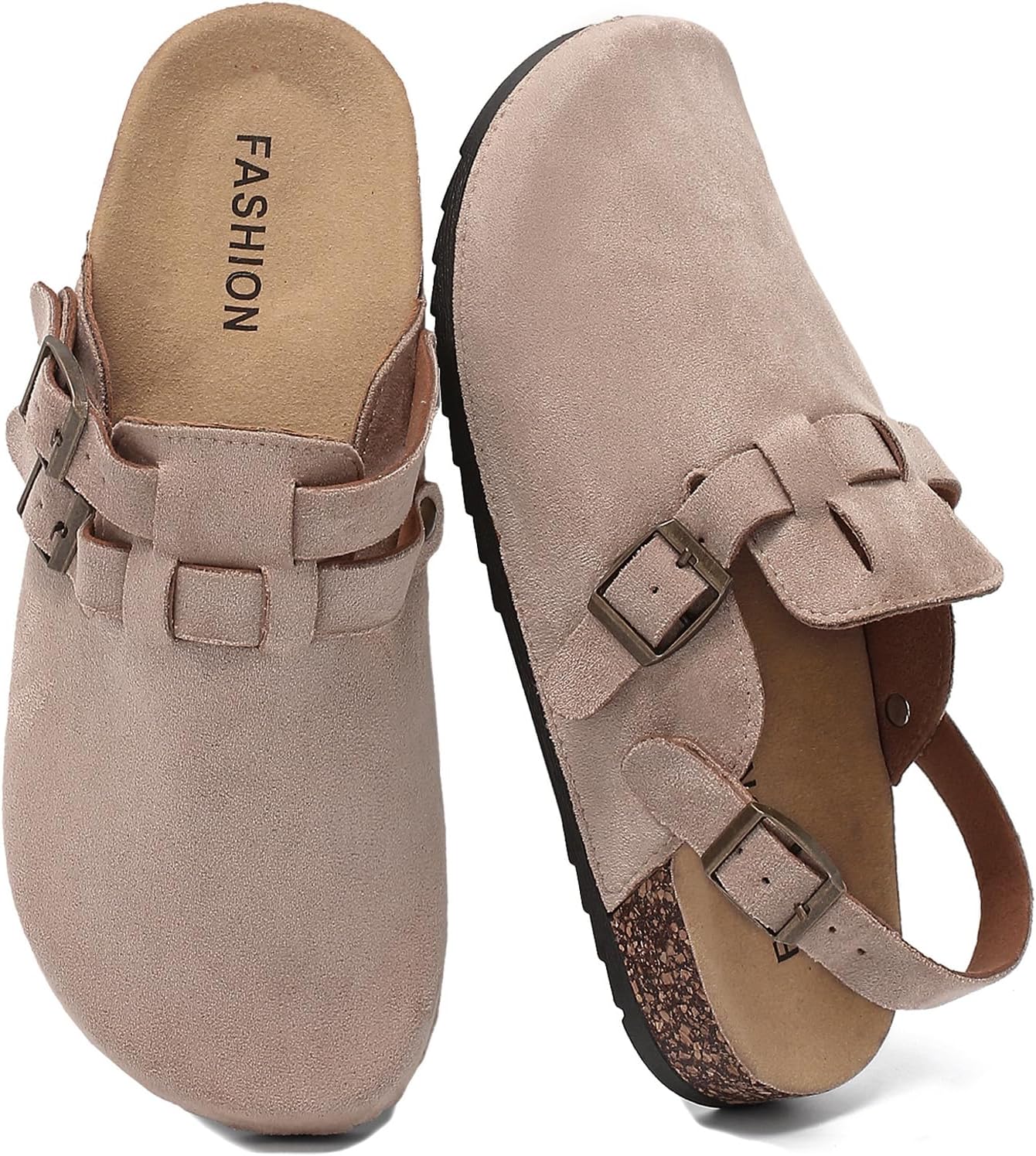 Mens Suede Clogs with Back Strap, Womens Leather Clogs with Arch Support Cork Footbed Slip on Closed Toe Mules with Adjustable Buckle Comfort Potato Shoes