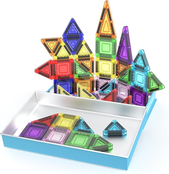 PicassoTiles 40 PCS Mini Magnetic Tiles Travel Toy Educational Building Set | BPA-free plastic construction, age 3+ STEM learning, hand-eye coordination, compact storage box, portable geometric blocks