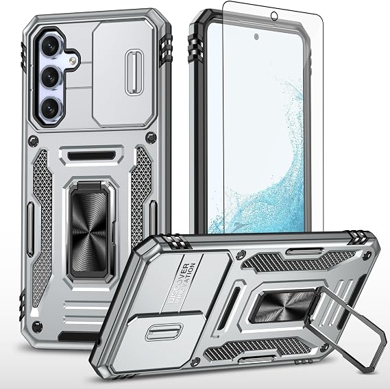Asuwish Phone Case for Samsung Galaxy A34 5G with Tempered Glass Screen Protector and Slide Camera Cover Magnetic Ring Holder Kickstand Protective Cell Accessories Slim A 34 34A Women Men Grey