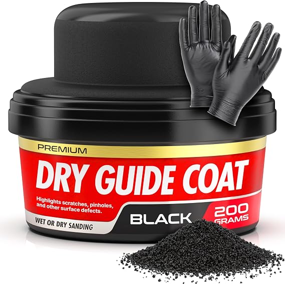 Dry Guide Coat Powder - Highlights Scratches, Pinholes, Low Spots & Other Defects, Extra Large Black Powder Coat for Wet & Dry Auto Body Sanding - Guide Coat Auto Body w/Nitrile Gloves 200g
