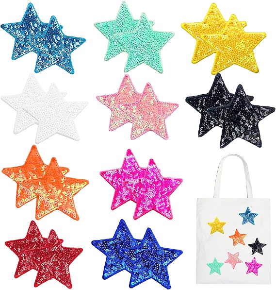 20Pcs Sequin Star Iron on Patches Shiny Stars Patches Embroidery Sequin Patches for Clothes Hats Backpacks Costume