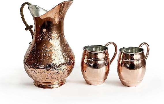 Shark Anatolia El İşi Kabartma Bakır Sürahi ve 2'li Bardak Seti