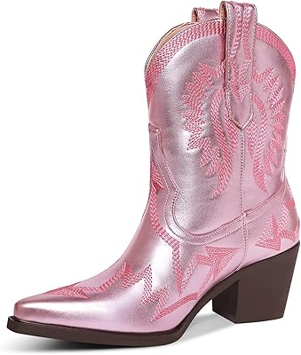 Western Boots for Women Metallic Embroidered Pointed Toe Cowgirl Boots Chunky Heel Pull-On Short Cowboy Boots Wide Calf Country Ankle Boots