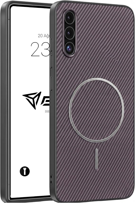 Babilden Samsung Galaxy A52 İle Uyumlu Kılıf Karbon Fiber Desenli Manyetik Şık Tasarım Darbe Emici Kamera Korumalı Telefon Kılıfı (Mor)