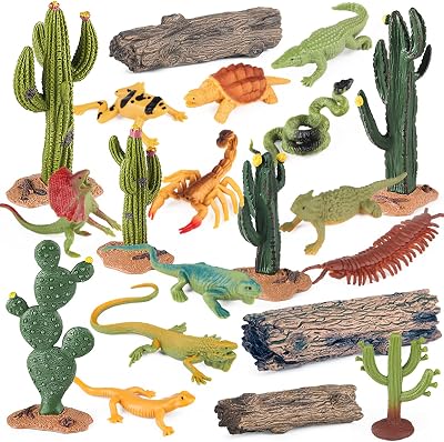 Desert Animal Figurines Set Cactus Kit Desert Diorama Supplies with Lizards Rattlesnake Scorpion Reptile Animal Figures Set for Cake Topper Party Decoration