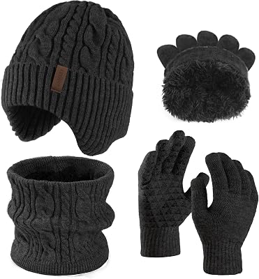 Men Winter Beanie Hat Touchscreen Gloves Neck Warmer 3 in 1 Set with Fleece Lined