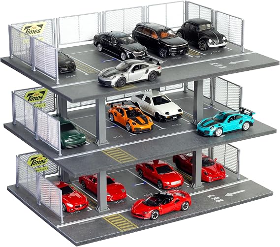 1/64 Scale Diecast Display Case Garage Model, 3-Tier Metal Steel Frame Diorama Box with 15 Parking Spaces, Miniature Car Storage Organizer Scene Showcase, Compatible with Hot Wheels Cars (No Cars)