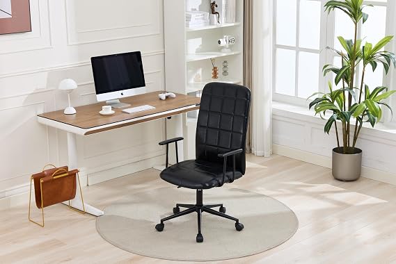 Warmiehomy PU Leather Home Office Chair - High Back Computer Desk Chair with Armrest - Modern Swivel Work Task Chairs for Home Office Waiting Room Bedroom(Black)
