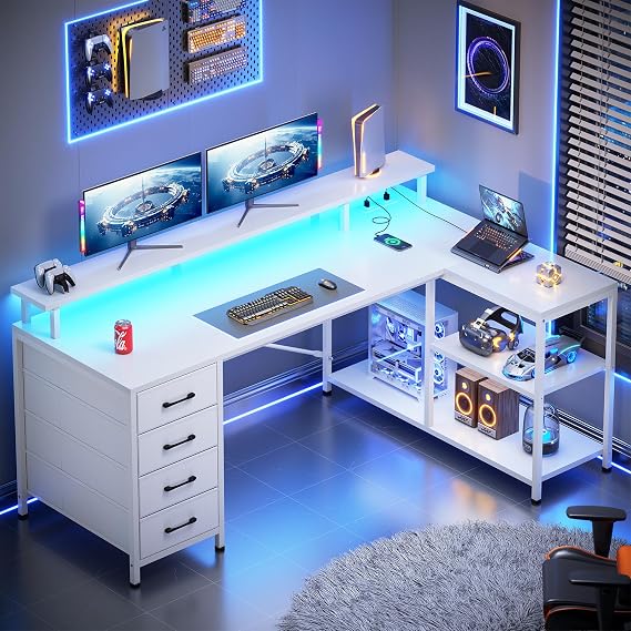 SEDETA L Shaped Gaming Desk with 4 Drawers, Shelves, Power Outlets, White