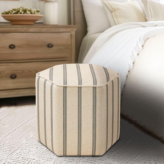 Martha Stewart Ellen Accent Ottoman - Solid Wood Frame, Soft Fabric, Hexagonal Small Stool Chair - Modern Foam Padded Top Footstool Living Room Furniture Natural, 18" W x 18" D x 16" H, Natural