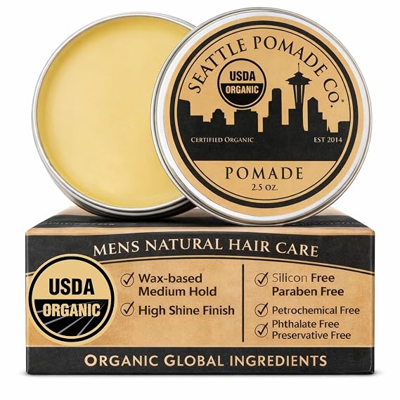 Seattle Pomade Co. USDA Certified Organic Pomade. Medium Hold & High Shine, Hair Styling Formula Non GMO, Made with organic materials from around the world.