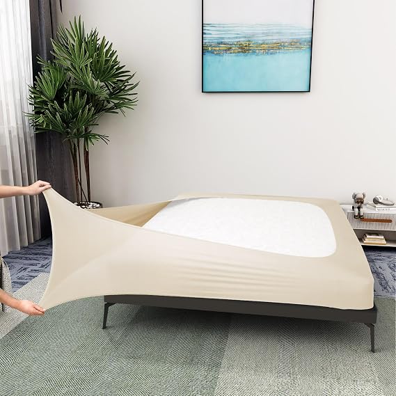 Box Spring Cover King Size - Elastic Fabric Wrap Around 4 Sides Bed Skirt for Hotel & Home - King, Beige