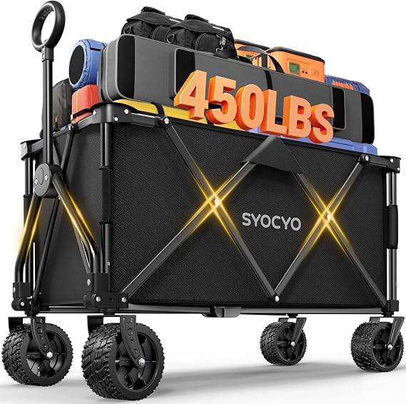 Beach Wagon Carts Foldable 450LBS Weight Capacity Collapsible Wagon with Big All-Terrain Wheels, Heavy Duty Beach Wagons Cart with Cup Holders for Camping, Garden, Grocery
