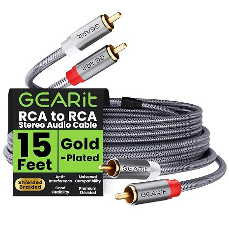 GEARit RCA Cables Car Audio 15ft OFC, Audio Cable with Dual Shielding & Gold-Plated Connectors, RCA Cable for Subwoofer Cable, Hi-Fi System, Amplifier, Active Speakers, Gaming Consoles