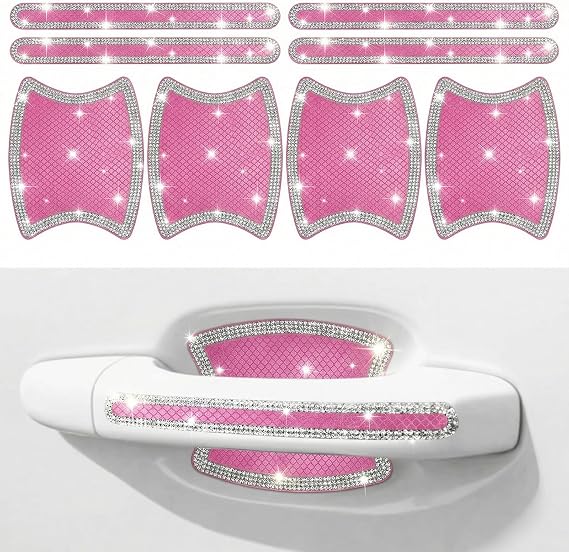 8 PCS Pink Bling Rhinestone Car Door Handle Stickers, Sparkly Crystal Horizontal Strip Stickers for Women, Universal Glitter Car Accessories, Scratch Protection Decals