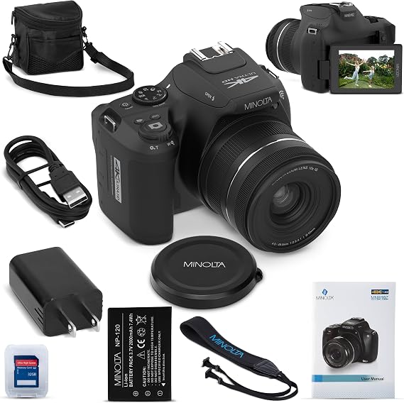 Minolta MNB10Z 64MP 4K Bridge Camera, 10X Optical Zoom, Flip LCD (Black) | Protects your camera gear with dedicated storage for cameras, lenses and everyday essentials.
