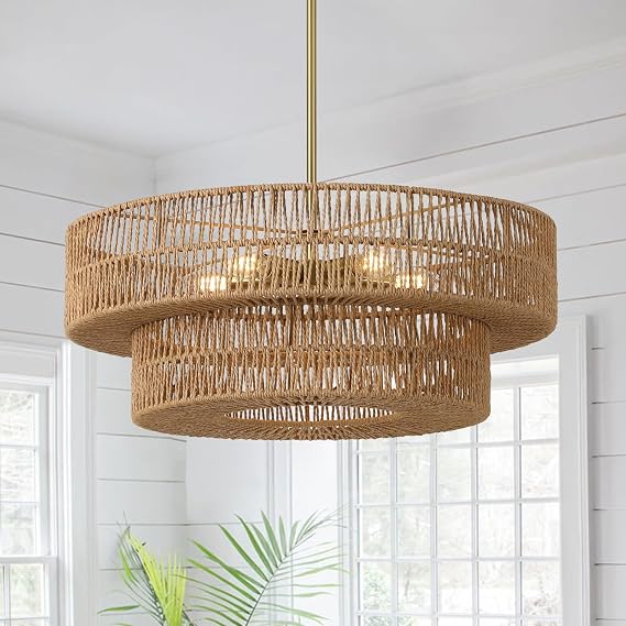 22" Boho Rattan Chandelier, 5-Light Rattan Pendant Light | 2-Tier Hand Wove Wicker Shade, Farmhouse Drum Hanging Light for Dining Room, Living Room, Bedroom, Kitchen Island