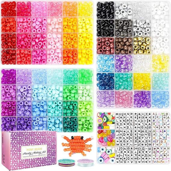 4 Boxes Pony Beads 72 Colors 9mm Friendship Bracelets Making Kit, Rainbow Kandi Beads Bulk Letter Beads for Name Bracelets Jewelry Making Crafts with Elastic String for Mothers Day Gifts