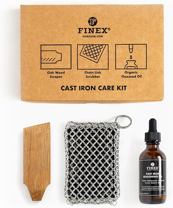 FINEX 3-Piece Cast Iron Care Kit, Organic Flaxseed Oil, Oak Wood Scraper, Chain Link Scrubber, Skillet & Griddle Cleaner, Made in USA