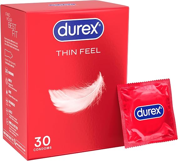 Durex Thin Feel, 30 Condoms, Regular Fit, Silicone Lubricated | Thinner for More Sensitivity, Pre Lubricated with Silicone Lube, Easy On, Teat Ended, Durex Condoms, Thin Feel