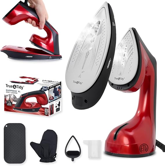 True & Tidy DuoPress XL 2-in-1 Clothes Steamer & Iron, 1600W Powerful Turbo Steam, Large Ceramic Plate, Smart Temperature Control, 3 Steam Modes