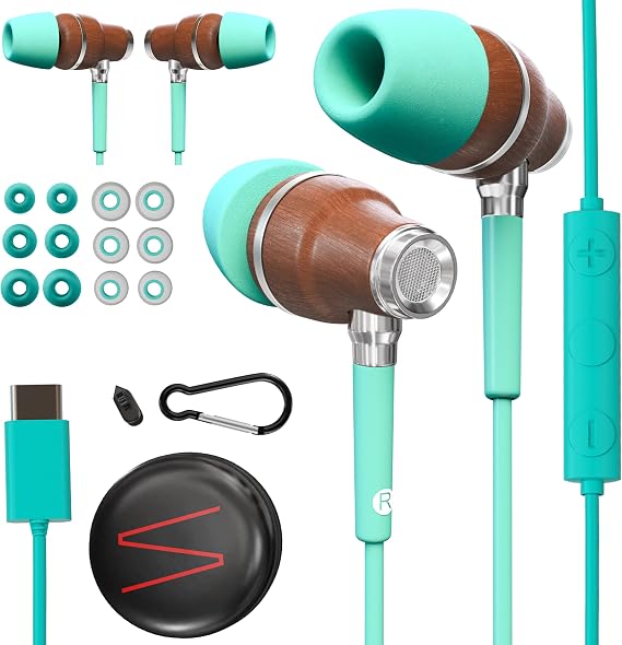 Symphonized Premium Wooden USB-C Wired Headphones for iPhone 17, 16, 15, Samsung & Android, Wired Earbuds USB C Headphones with Microphone & Volume Control, USBC Head Phones, Corded Earphones Type C