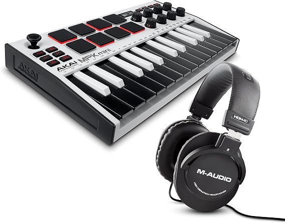 MIDI Controller Bundle - Akai Professional MPK Mini White MK3 MIDI Keyboard with MPC Beats Production Software and M-AUDIO HDH40 Over Ear Headphones