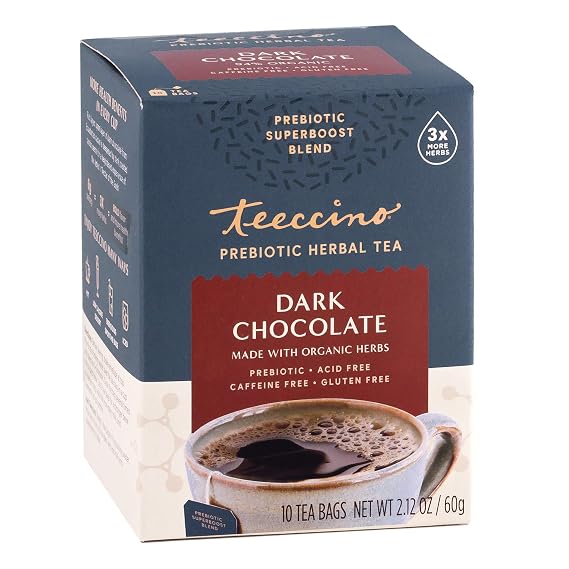 Teeccino Dark Chocolate - Prebiotic SuperBoostTM Herbal Tea - Support Your Probiotics with Prebiotics For Good Gut Health and Regularity, Digestive Chocolate Tea, 10 Tea Bags