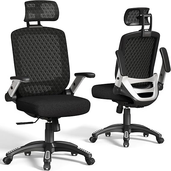 GABRYLLY Ergonomic Office Chair, High Back Home Desk Chair with Flip-Up Arms, 3D Headrest, Thick Sponge Seat &90-120 Recline, Big and Tall Mesh Executive Chairs for Man Woman, Midnight-Cloud