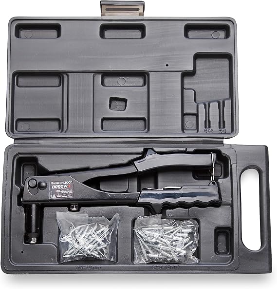 Arrow RL100K Rivet Tool Kit, Manual Riveter Set for Metal, Fabric, Leather, and Auto Repair, uses 1/8-Inch and 3/16-Inch Rivets, Includes Storage Case and 50 Rivets