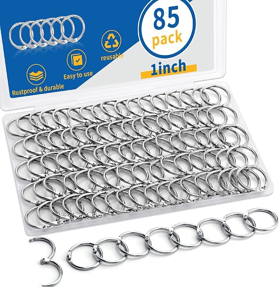 Binder Rings 1 Inch, 85 Pack Heavy-Duty Nickel-Plated Ring Clips and Metal Rings for Crafts, Index Cards, Flashcards, Paper, and Loose Leaf for School, Office, and Home Use