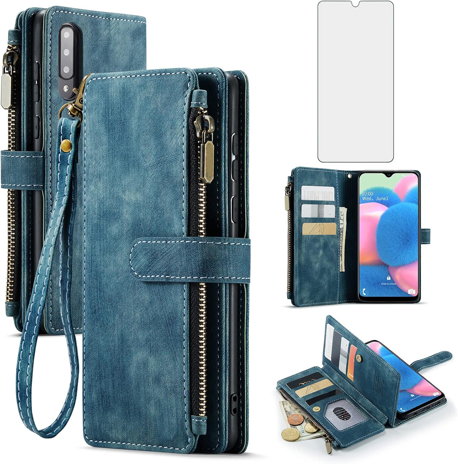 Asuwish Phone Case for Samsung Galaxy A50 A50S A30S Wallet Cover and Tempered Glass Screen Protector Flip Card Holder Stand Cell Accessories Glaxay A 50 50S 30S Gaxaly S50 50A SM A505G Women Men Brown