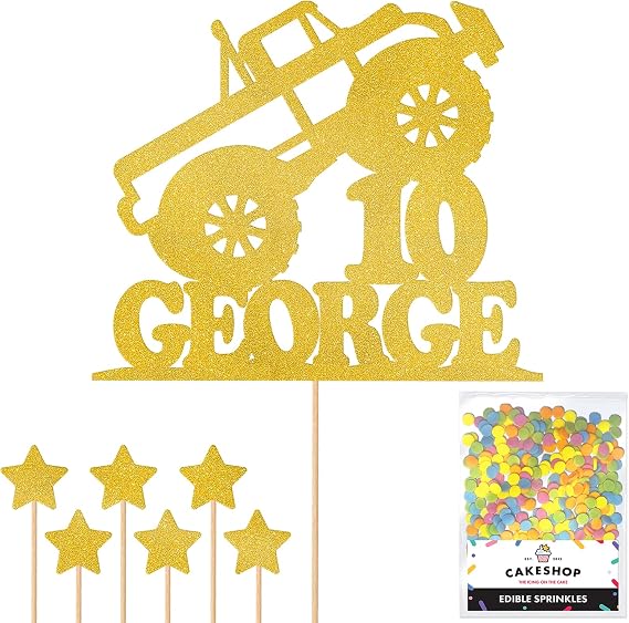Personalised Monster Truck Glitter Cake Topper- Gold Any Custom Age & Name Glitter Cake Decoration and Sprinkles - Happy Birthday Decorations - Personalised Toppers for Cakes by Cakeshop