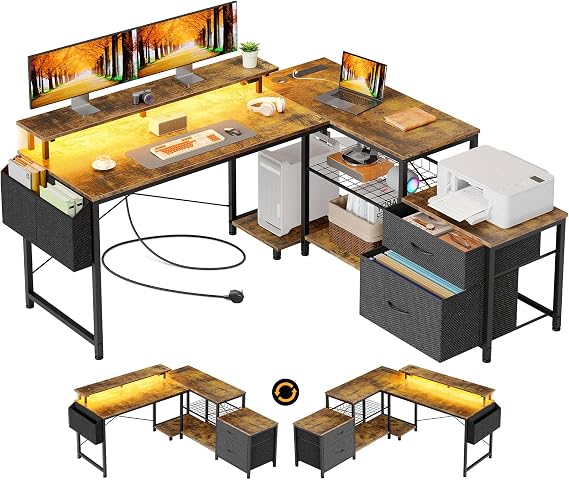 Seventable L Shaped Corner Computer Desk with LED Lights, Storage & Drawers, 135 x 125 cm Reversible Gaming Desk with Monitor Stand for Home Office Workstation, Space-Saving Writing Desk, Rustic Brown