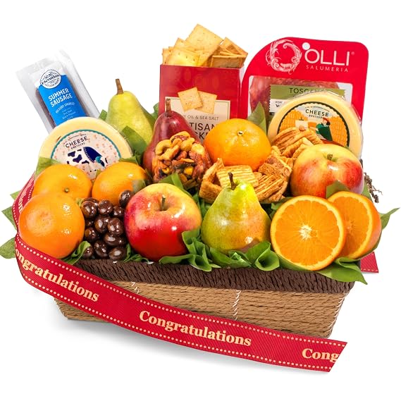 A Gift Inside Congratulations Gift Basket Fresh Fruit & Gourmet Food Gift with DAnjou Pears, Apples, Oranges, Satsuma Mandarins, Cheese, Salami, Summer Sausage & Snacks