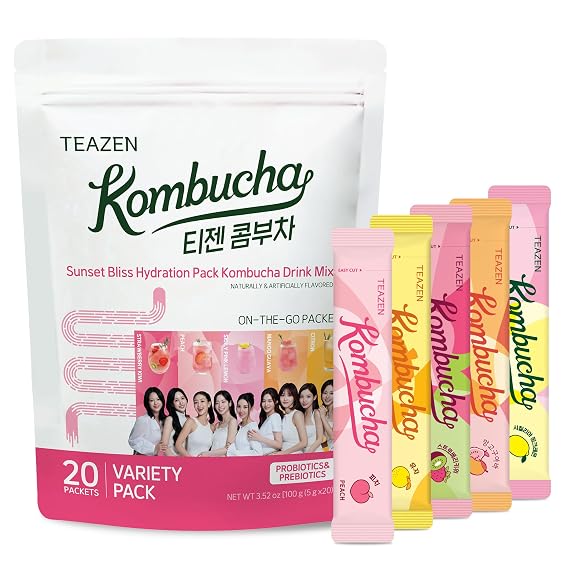 TEAZEN Kombucha Sunset Bliss Hydration Variety Pack - 20 Packets, 5 Flavors (Peach, Mango-Guava, Strawberry-Kiwi, Citron, Sicilian Pink Lemon), On-the-Go Powder Drink Mix