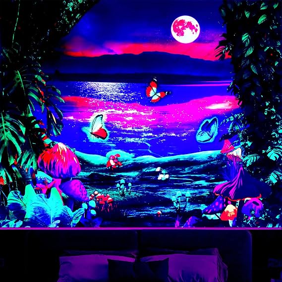 Atrippy Trippy Moon Forest Fantasy Mushroom Butterfly Wall Tapestry UV Space Glow in the Dark Neon for Bedroom Aesthetic Living Room (51''x60'')