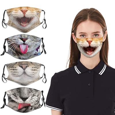 Cat Mask 4PCS with 8 Filters Washable Reusable Adjustable Funny Cat Face Mask Face Bandanas for Women Men Made in USA