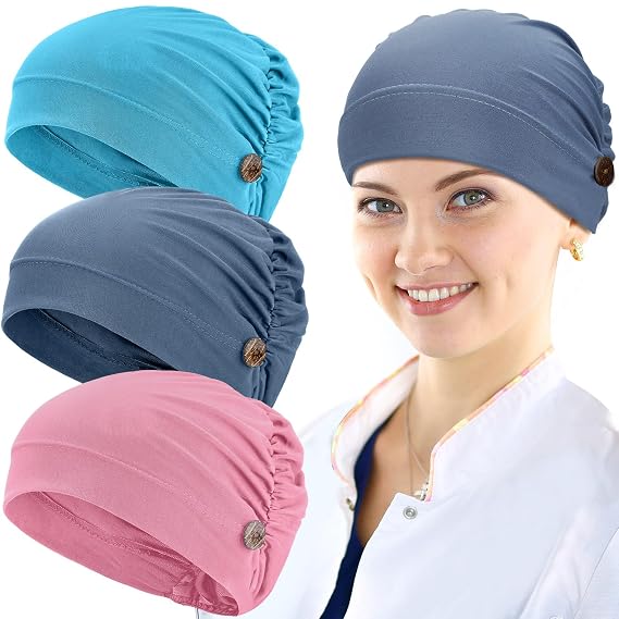 Geyoga 3 Pcs Bouffant Caps with Buttons, Lake Blue, Deep Pink, Blue