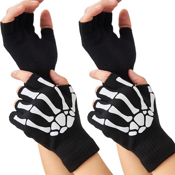 OTPEH Skeleton Gloves for Women 2 Pairs Fingerless Glow in the Dark