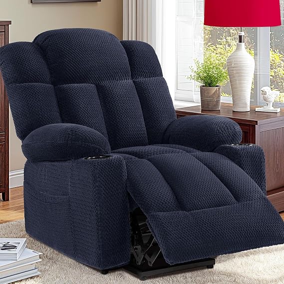 Power Lift Recliner Chair Sofa for Elderly with Massage and Heated, 3-Position, 2 Cup Holder, USB-A & USB-C, Soft Plush Fabric, Side Pocket Navy Blue