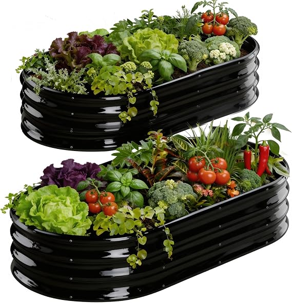 Rakukiri Raised Garden Bed Outdoor, GRS Certified Recycled Metal Planter Box 2 Sets, 4FT Galvanized Oval Herb Garden Kit, Bottomless Large Garden Beds for Vegetables Flowers, Rust-Resistant Black