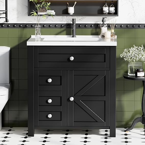 JUMMICO 30'' Bathroom Vanity with Sink, Black | Freestanding Storage Cabinet, Modren Style, 2 Drawers & 1 Flip-Down Drawer&1 Door, Side Storage