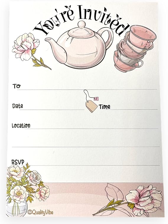 Tea Party Invitations, 25 Invites With Big Tea pot & flowers includes 25 envelopes for girl parties, engagement, bridal and baby shower or birthdays, High Tea. Thick and Quality Cards.