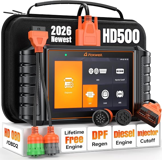 FOXWELL HD500 Heavy Duty Truck Scanner, Full System Diesel Code Reader with DPF Regen/Injector Cutoff, fit for Cummins, Detroit, Caterpillar, Paccar, Hino, Lifetime Free Update, Orange