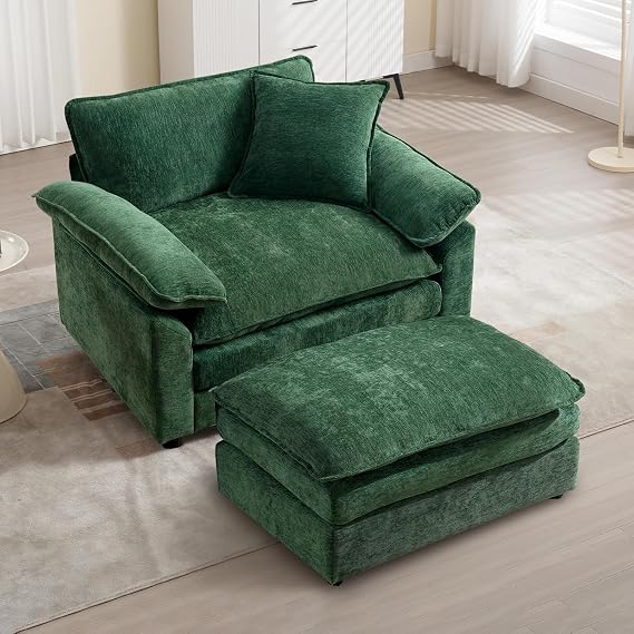 Chenilli Oversized Accent Chair with Ottoman, Single Sofa Chair with Large Seat and Extra Wide Armrests, Modern Comfy Armchair Reading Chairs for Bedroom Living Room, Green